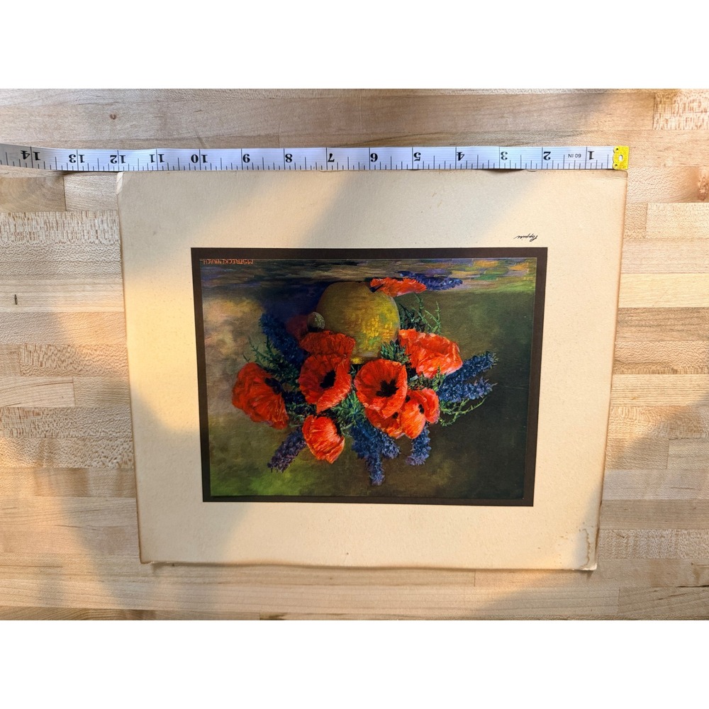 Vintage Max Streckenbach Red Poppies Blue Lavender Floral Art Print Mated 13x11
